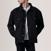 Eddie Musta Oversized Denim Trucker Nahkatakki Miehille For Men in Black Full-Grain Leather - Front Profile View &amp; Tailored Silhouette | Buy Online