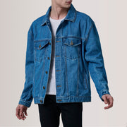 
Eddie Dark Sininen Oversized Denim Trucker Nahkatakki Miehille For Men in Dark Blue Full-Grain Leather - Edestä ja räätälöity siluetti | Osta verkosta
