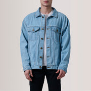 Eddie Light Blue Oversized Denim Trucker Nahkatakki Miehille For Men in Light Blue Full-Grain Leather - Front Profile View &amp; Tailored Silhouette | Buy Online
