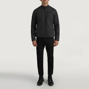 Elliot Musta Lightweight Nahkatakki Miehille - Lateral Side Profile View Showing Sleeve Cut &amp; Athletic Taper Fit