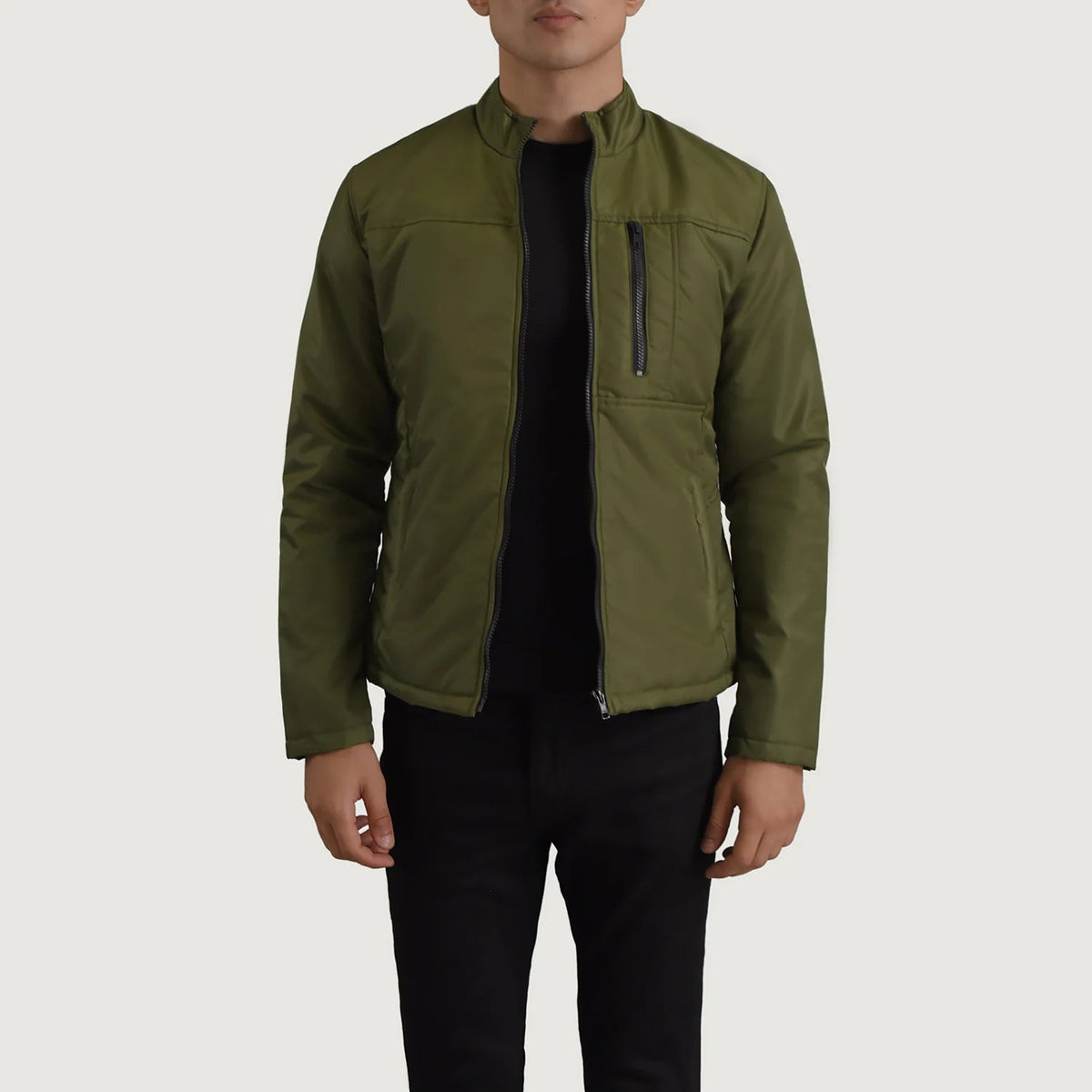 Elliot Green Lightweight Nahkatakki Miehille in Green Full-Grain Leather - Front Profile View &amp; Tailored Silhouette | Buy Online