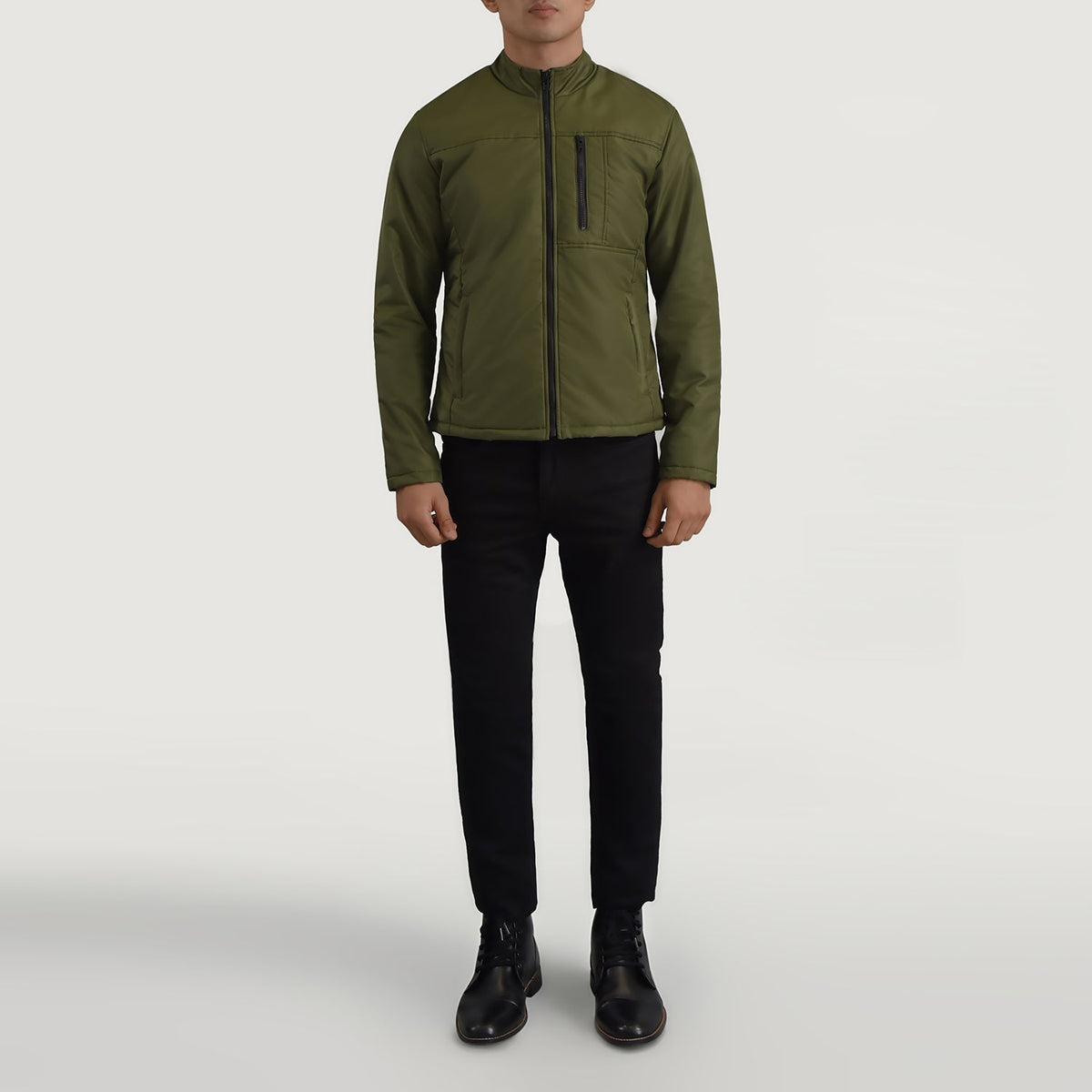 Elliot Green Lightweight Nahkatakki Miehille - Lateral Side Profile View Showing Sleeve Cut &amp; Athletic Taper Fit