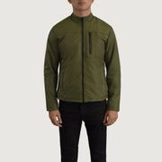 Close-Up Detail of Classic Collar &amp; Zipper Hardware on Elliot Green Lightweight Nahkatakki Miehille