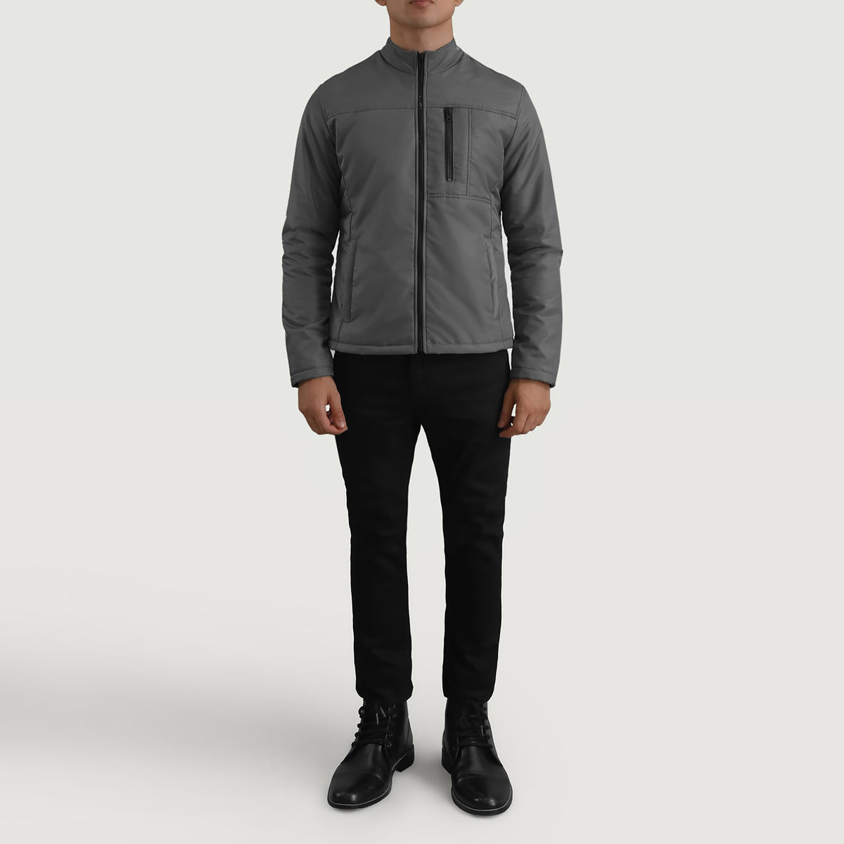 Elliot Harmaa Lightweight Nahkatakki Miehille - Lateral Side Profile View Showing Sleeve Cut &amp; Athletic Taper Fit