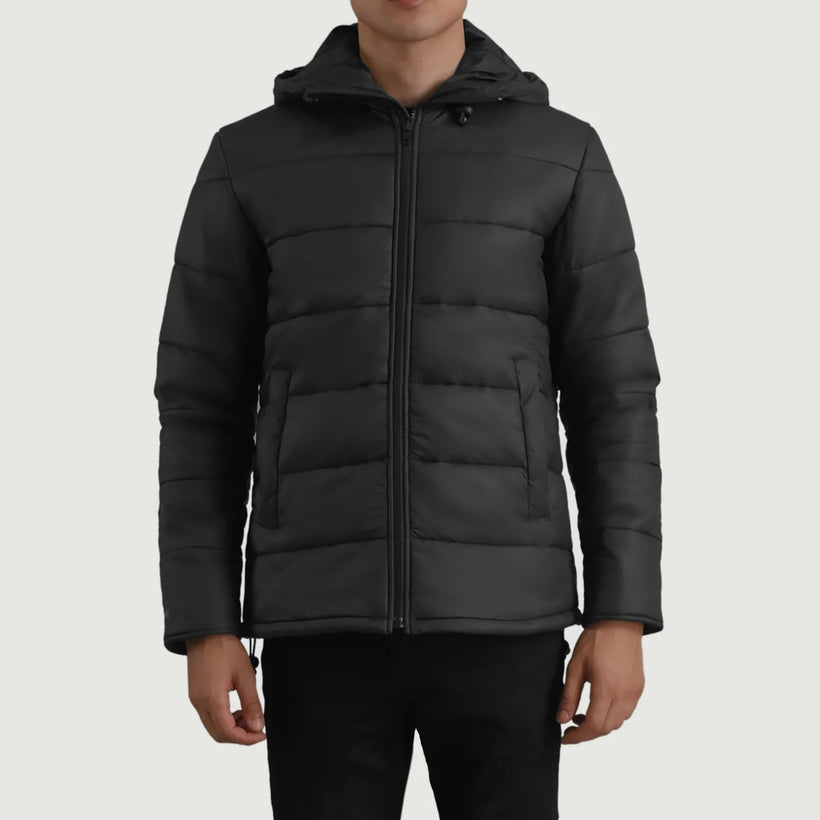 Erico Musta Hooded Puffer Nahkatakki Miehille