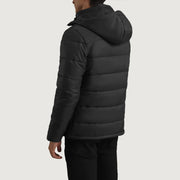 
Yksityiskohtainen lähikuva of Classic Collar & Zipper With Wind Flap Hardware on Erico Musta Hooded Puffer Nahkatakki Miehille