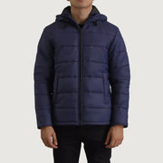 Erico Blue Hooded Puffer Nahkatakki Miehille in Blue Full-Grain Leather - Front Profile View &amp; Tailored Silhouette | Buy Online