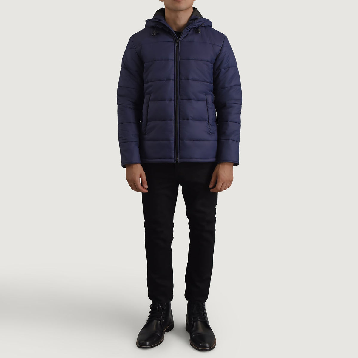 Erico Blue Hooded Puffer Nahkatakki Miehille - Lateral Side Profile View Showing Sleeve Cut &amp; Athletic Taper Fit