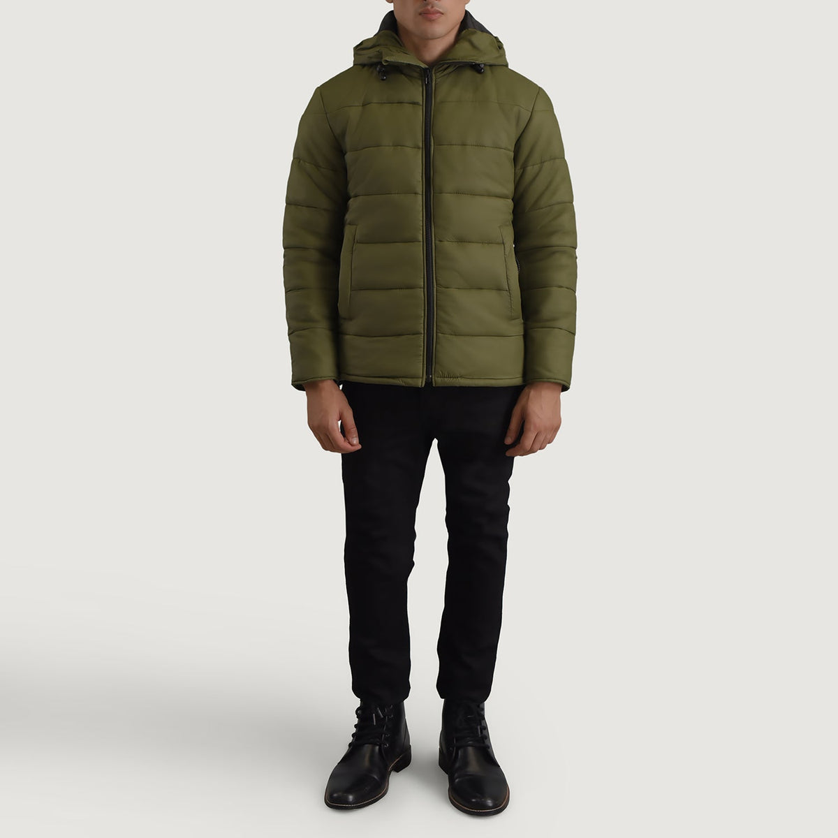 
Erico Vihreä Hooded Puffer Nahkatakki Miehille - Sivuprofiili ergonomisella hihanleikkauksella