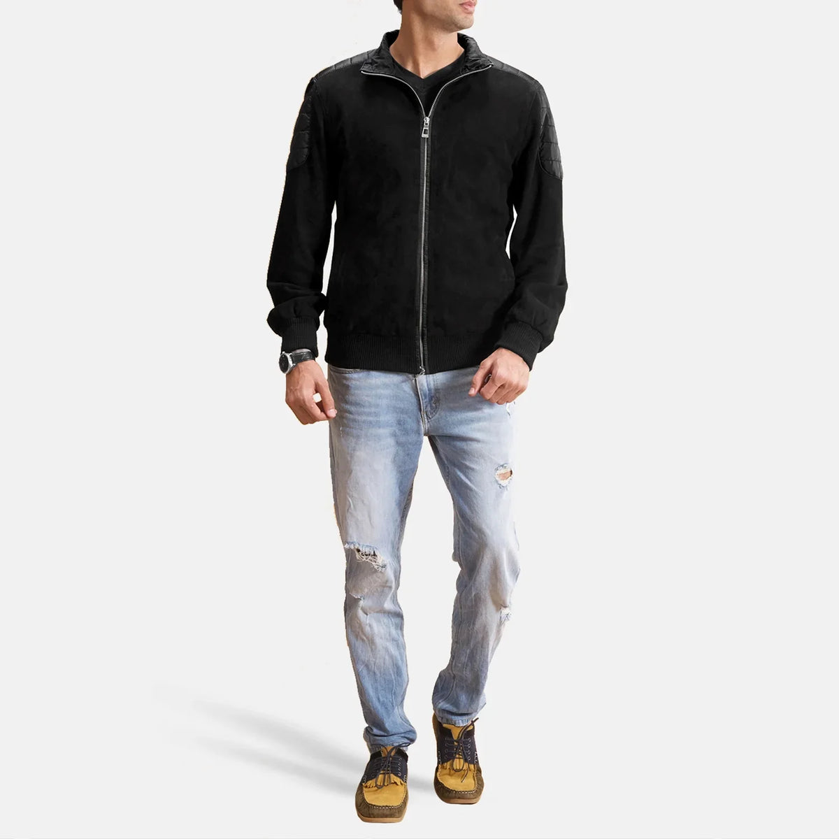 
Ethan Hybrid Suede Nahkainen Pommitakki Miehille - Sivuprofiili ergonomisella hihanleikkauksella