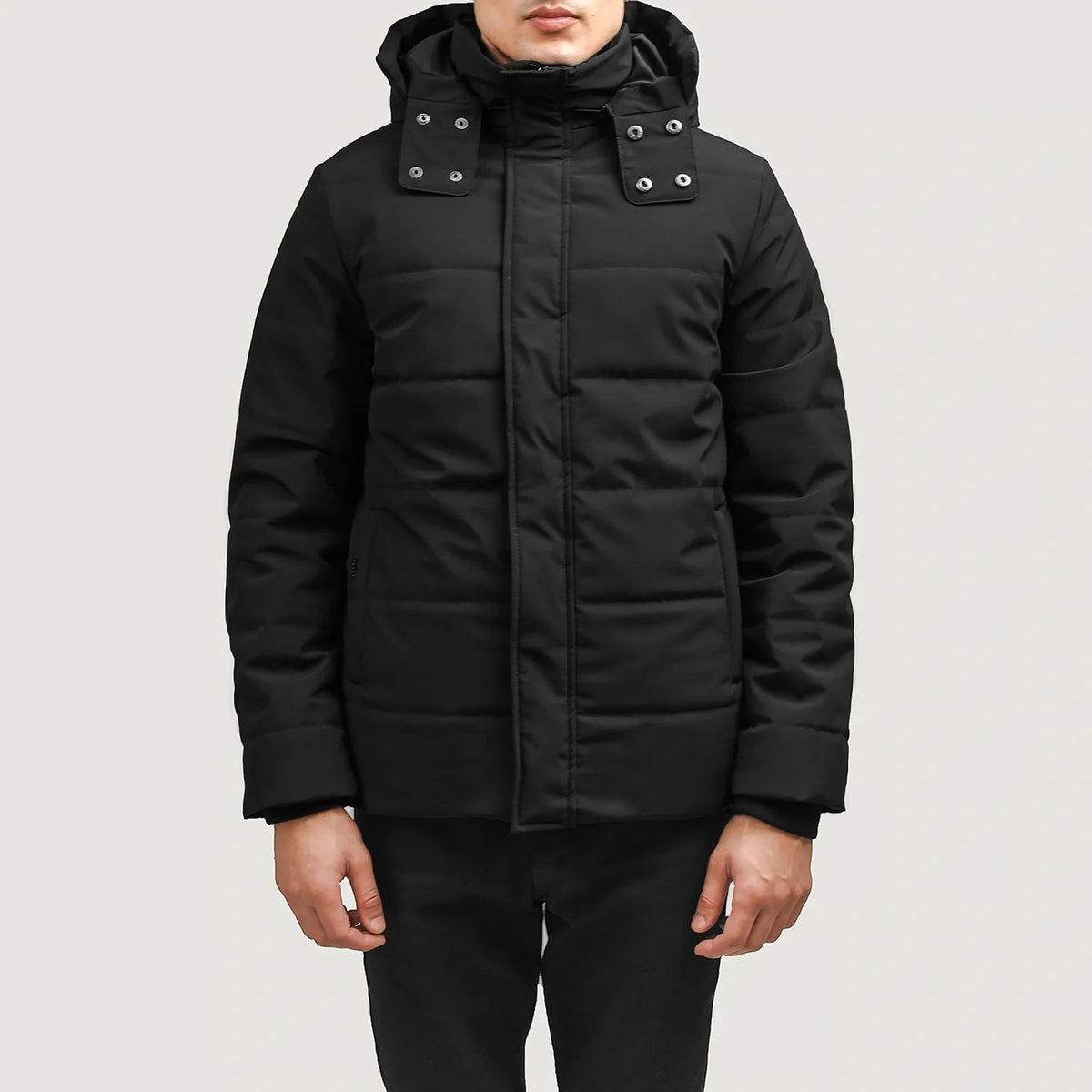 
Exton Musta Hooded Down Puffer Nahkatakki Miehille mustaa aitoa naudanahkaa - Edestä ja räätälöity siluetti | Osta verkosta