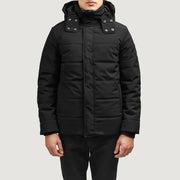 
Exton Musta Hooded Down Puffer Nahkatakki Miehille mustaa aitoa naudanahkaa - Edestä ja räätälöity siluetti | Osta verkosta