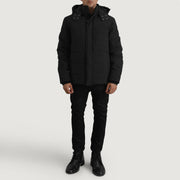 
Yksityiskohtainen lähikuva of Classic Collar & Zipper With Placket. Hardware on Exton Musta Hooded Down Puffer Nahkatakki Miehille