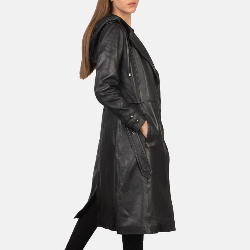 Fixon Hooded Musta Nahkainen Trenssitakki Naisille