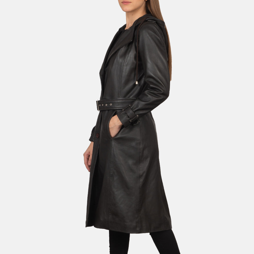 Brown Sheepskin Leather Trench Coat - Takaa istuvilla olkapäillä ja siistillä helmalla