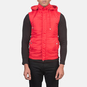 
Yksityiskohtainen lähikuva of Band with Removable Hood & Zipper with dual puller and wind flap Hardware on Fuston Punainen Hupullinen toppaliivi Miehille