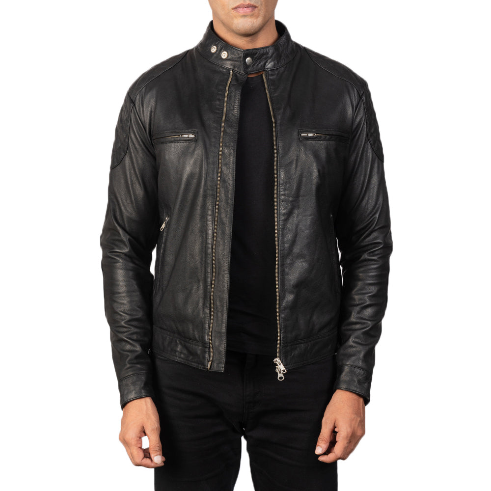 
Gatsby Quilted Black Leather Biker Jacket in Black Goatskin Leather - Edestä ja räätälöity siluetti | Osta verkosta