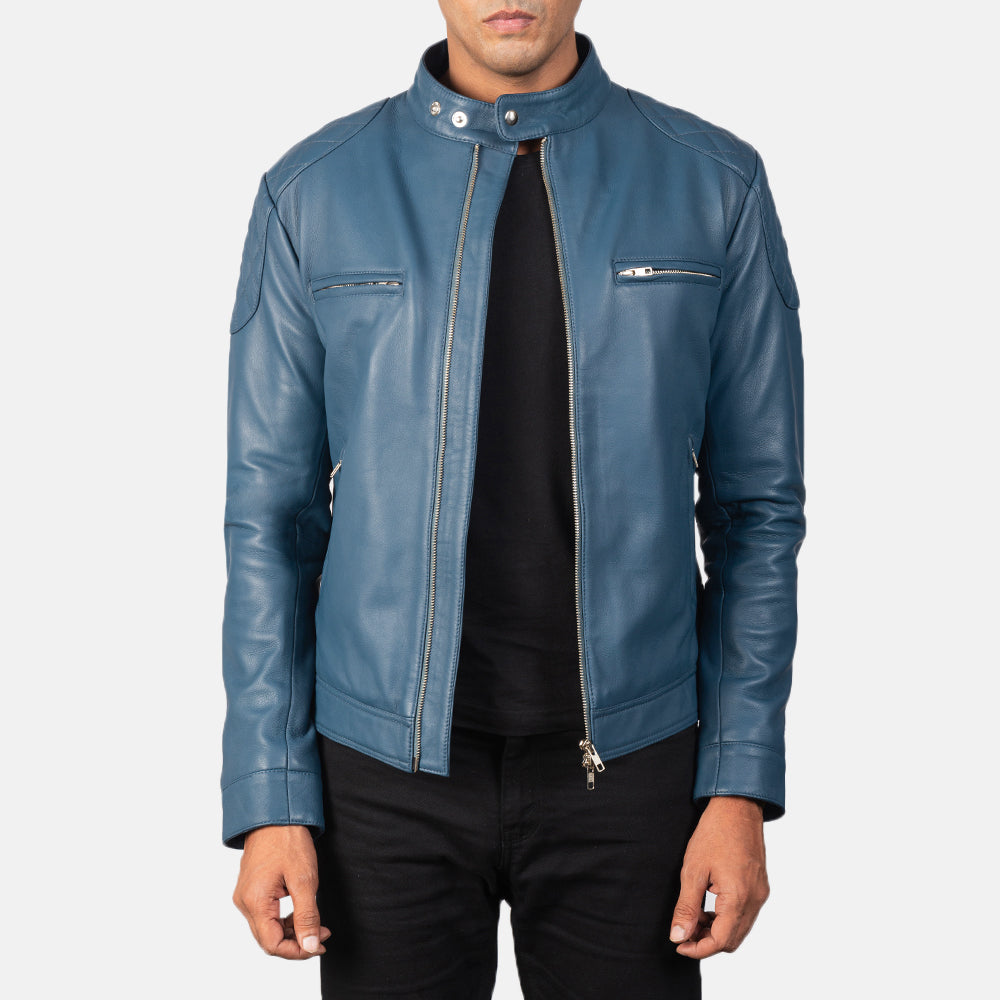 
Gatsby Quilted Blue Leather Biker Jacket in Blue Sheepskin Leather - Edestä ja räätälöity siluetti | Osta verkosta