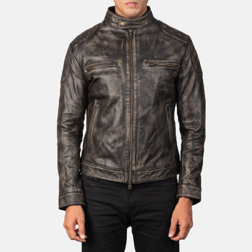 
Gatsby Quilted Distressed Brown Leather Jacket - Sivuprofiili ergonomisella hihanleikkauksella