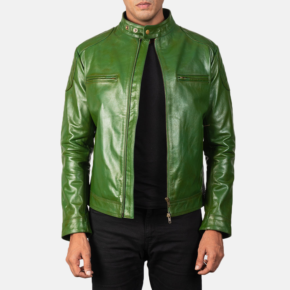 
Gatsby Quilted Green Leather Biker Jacket in Green Sheepskin Burnishing - Edestä ja räätälöity siluetti | Osta verkosta