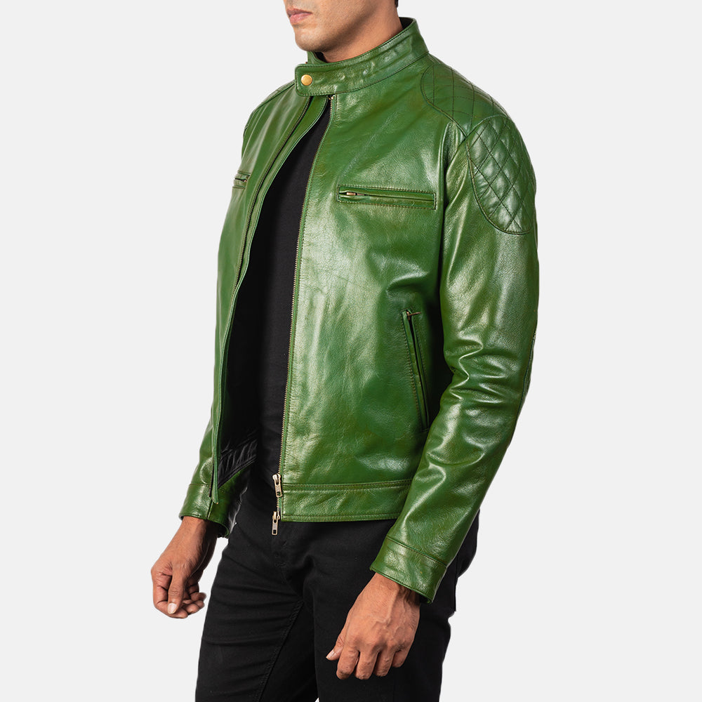 
Green Sheepskin Burnishing Biker Jacket - Takaa istuvilla olkapäillä ja siistillä helmalla