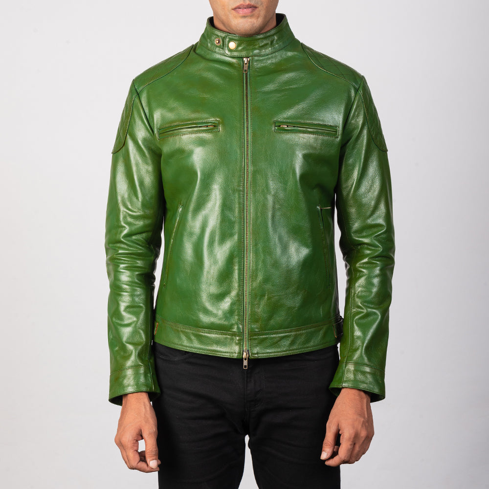 
Gatsby Quilted Green Leather Biker Jacket - Sivuprofiili ergonomisella hihanleikkauksella