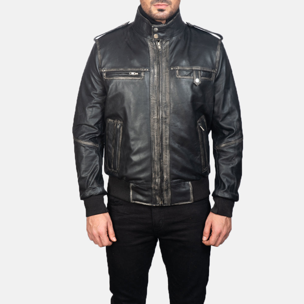 Glen Street Musta Nahkainen Pommitakki Miehille in Black Cowhide Leather - Front Profile View &amp; Tailored Silhouette | Buy Online