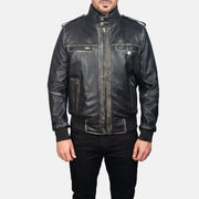 Glen Street Musta Nahkainen Pommitakki Miehille in Black Cowhide Leather - Front Profile View &amp; Tailored Silhouette | Buy Online