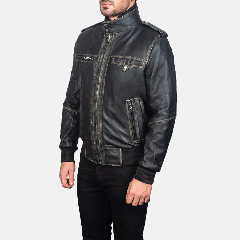 Black Cowhide Leather Bomber Jacket - Back View Showing Tailored Shoulder Fit & Clean Hemline