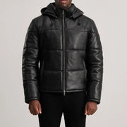 
Yksityiskohtainen lähikuva of High neck & Zipper Hardware on Gordon Tan Hooded Leather Puffer Jacket