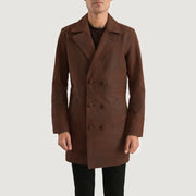 Men's Half Life Ruskea Nahkatakki Pitkä Miehille in Distressed Brown Cowhide Leather - Front Profile View &amp; Tailored Silhouette | Buy Online