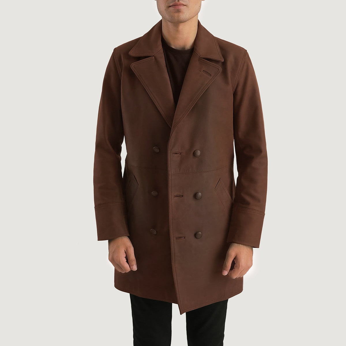Men's Half Life Brown Leather Coat - Lateral Side Profile View Showing Sleeve Cut & Athletic Taper Fit