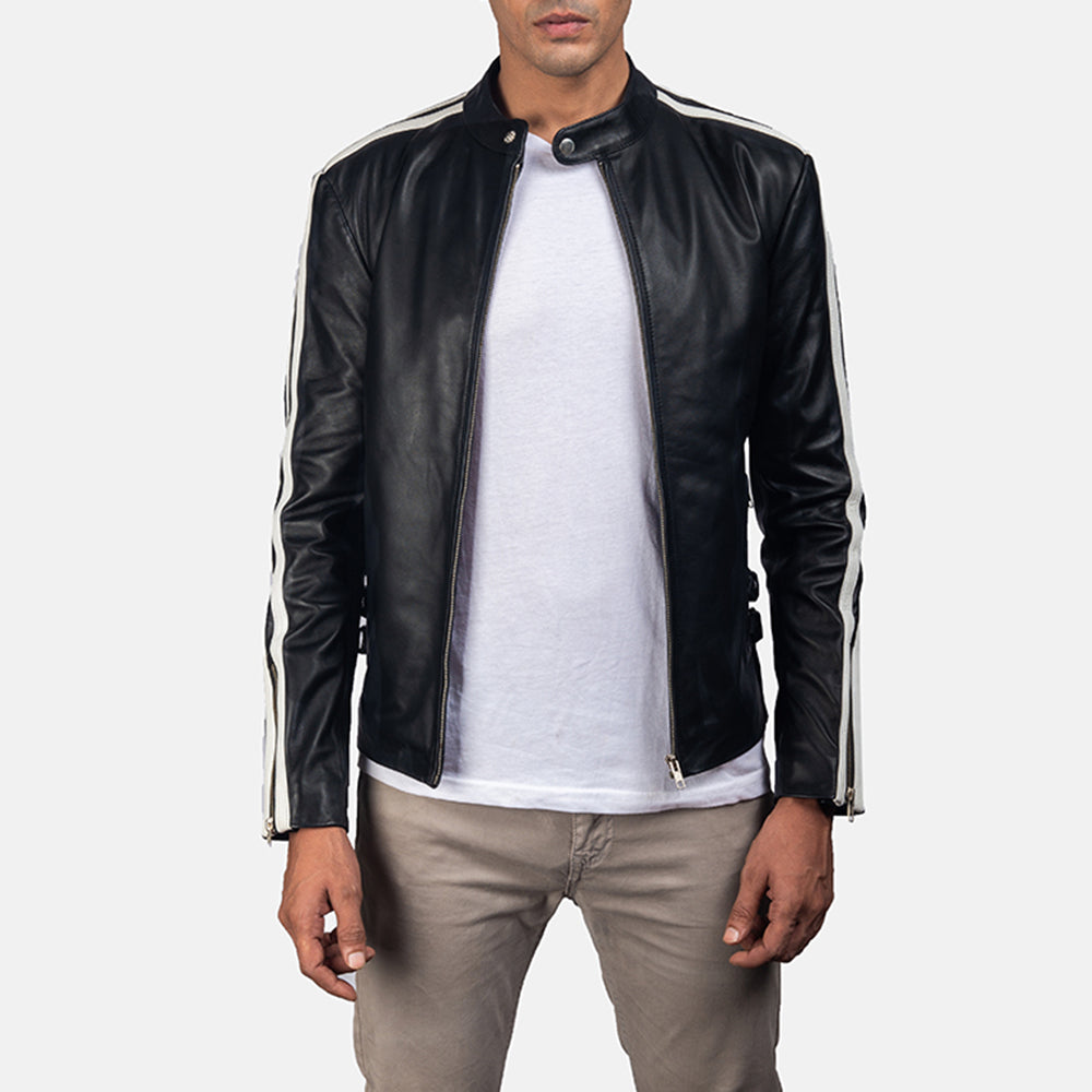 Hank Musta Nahkainen Biker-takki Miehille in Black &amp; White Cowhide Leather - Front Profile View &amp; Tailored Silhouette | Buy Online