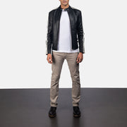 Hank Musta Nahkainen Biker-takki Miehille - Lateral Side Profile View Showing Sleeve Cut &amp; Athletic Taper Fit