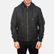 
Yksityiskohtainen lähikuva of Knit Rib with Removable Polyester Hood & Zipper Hardware on Hanklin Ma-1 Black Hooded Bomber Jacket