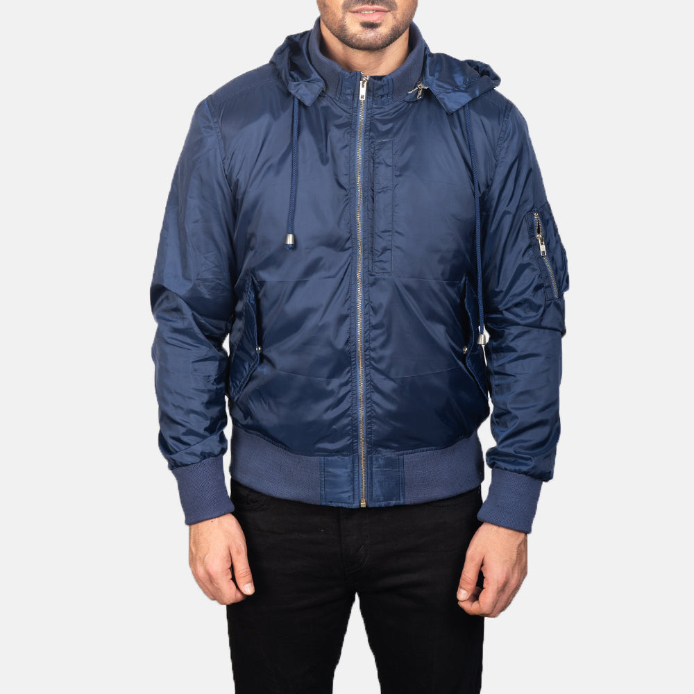 
Yksityiskohtainen lähikuva of Knit Rib with Removable Nylon Hood & Zipper Hardware on Blue Hooded Bomber Jacket