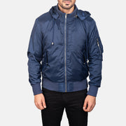 
Yksityiskohtainen lähikuva of Knit Rib with Removable Nylon Hood & Zipper Hardware on Blue Hooded Bomber Jacket