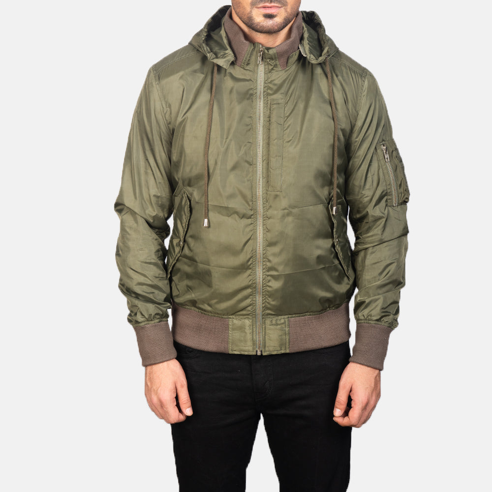 
Yksityiskohtainen lähikuva of Knit Rib with Removable Nylon Hood & Zipper Hardware on Hanklin Ma-1 Green Hooded Bomber Jacket
