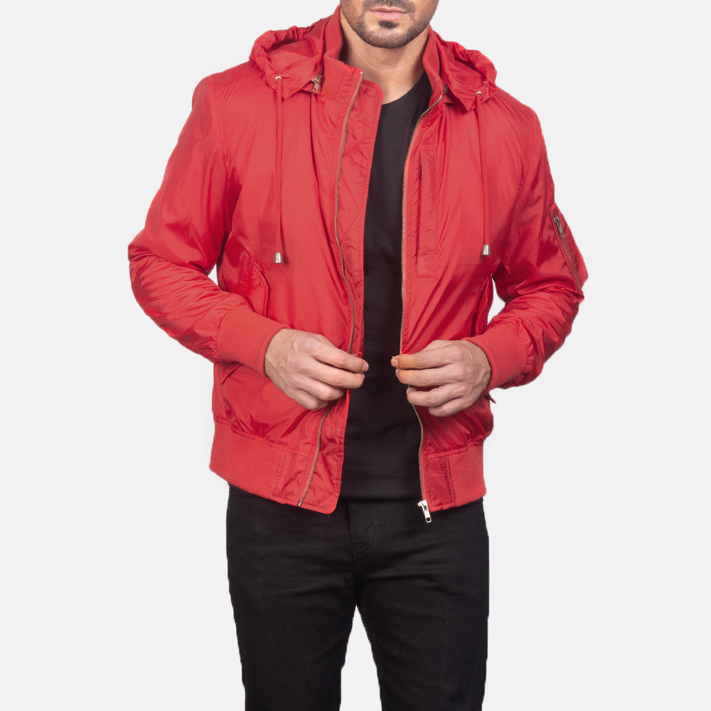 
Hanklin Ma-1 Red Hooded Bomber Jacket in Red Nylon - Edestä ja räätälöity siluetti | Osta verkosta