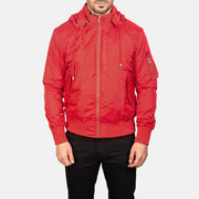 
Yksityiskohtainen lähikuva of Knit Rib with Removable Nylon Hood & Zipper Hardware on Hanklin Ma-1 Red Hooded Bomber Jacket