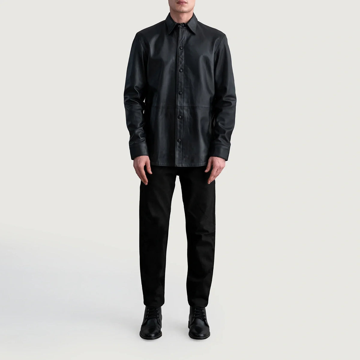 
Yksityiskohtainen lähikuva of Shirt & Leather Buttons Hardware on Haven Black Leather Shirt