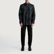 
Yksityiskohtainen lähikuva of Shirt & Leather Buttons Hardware on Haven Black Leather Shirt