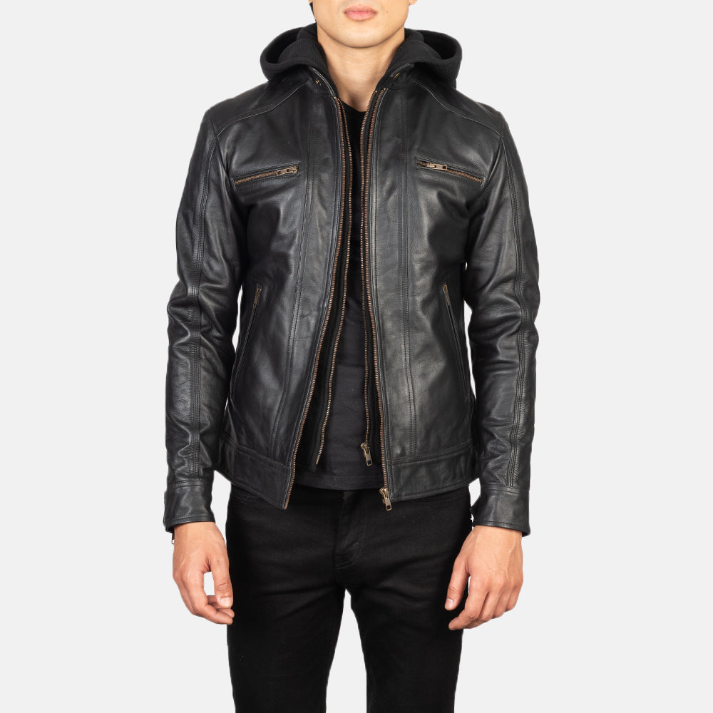 Men's Hector Musta Hooded Nahkainen Biker-takki Miehille in Black Cowhide Leather - Front Profile View &amp; Tailored Silhouette | Buy Online