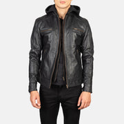 Men's Hector Musta Hooded Nahkainen Biker-takki Miehille in Black Cowhide Leather - Front Profile View &amp; Tailored Silhouette | Buy Online