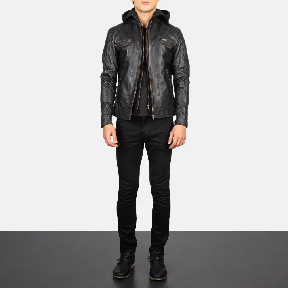 Men's Hector Musta Hooded Nahkainen Biker-takki Miehille - Lateral Side Profile View Showing Sleeve Cut &amp; Athletic Taper Fit
