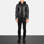 Men's Hector Musta Hooded Nahkainen Biker-takki Miehille - Lateral Side Profile View Showing Sleeve Cut &amp; Athletic Taper Fit