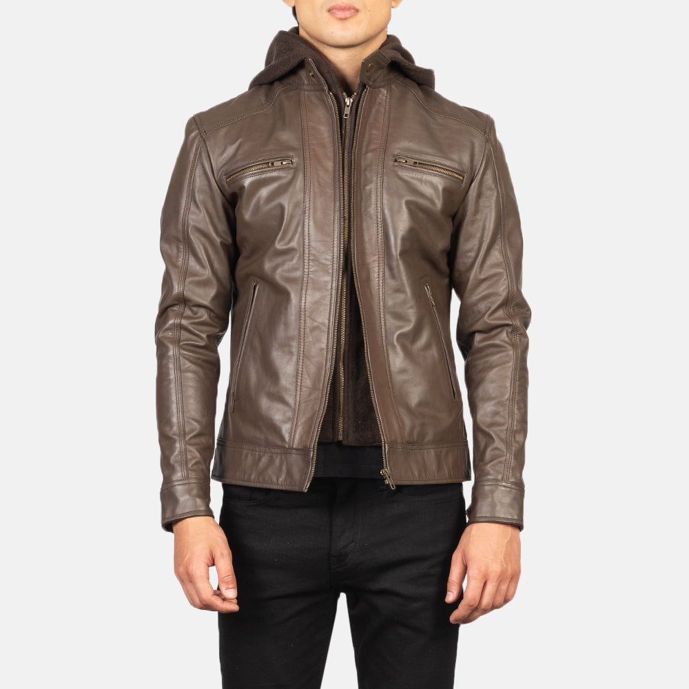 Men's Hector Ruskea Hooded Nahkainen Biker-takki Miehille in Brown Cowhide Leather - Front Profile View &amp; Tailored Silhouette | Buy Online