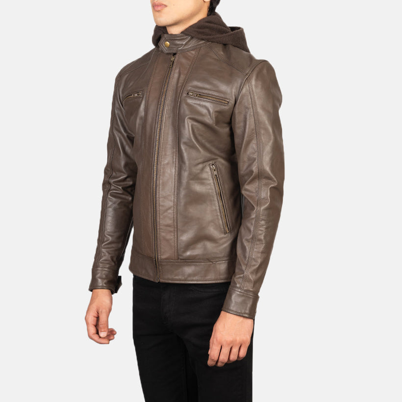 Hector Ruskea Hooded Nahkainen Biker-takki Miehille