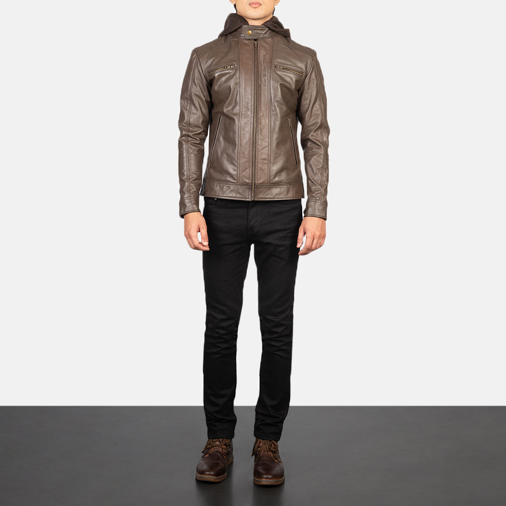Men's Hector Ruskea Hooded Nahkainen Biker-takki Miehille - Lateral Side Profile View Showing Sleeve Cut &amp; Athletic Taper Fit
