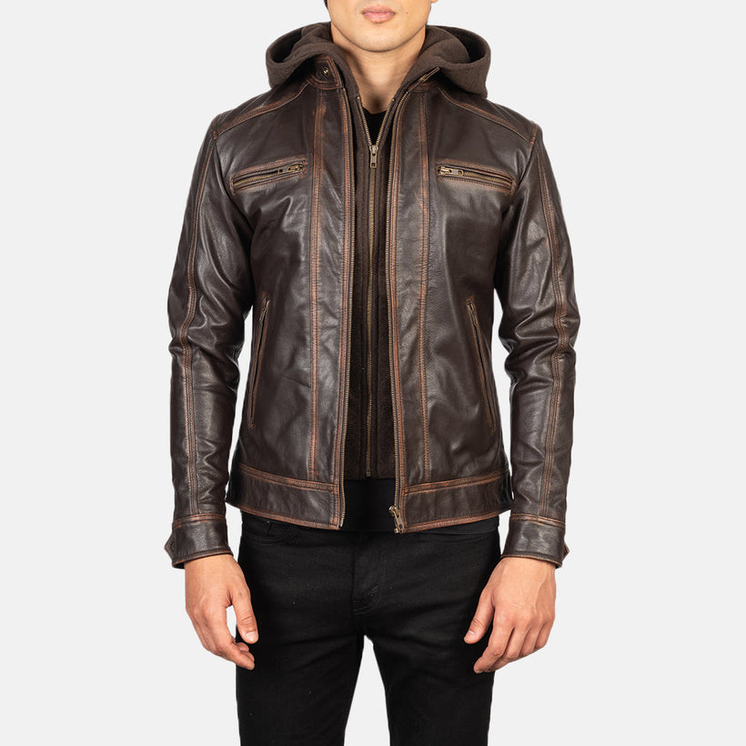 Hector Vintage Ruskea Hooded Nahkainen Biker-takki Miehille